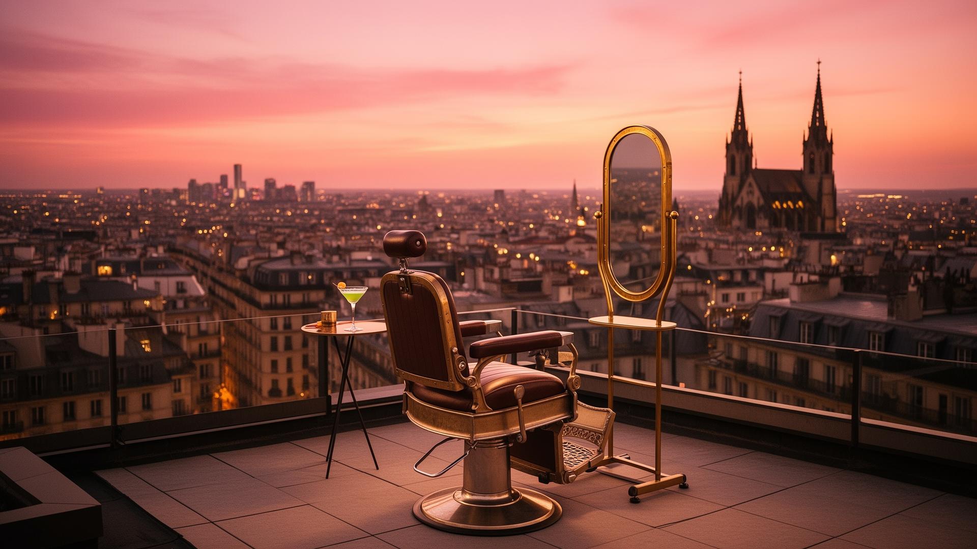 Rooftop-scène in zacht avondlicht — de visuele toon van een schoonheidssalon die haar eigen merk is.